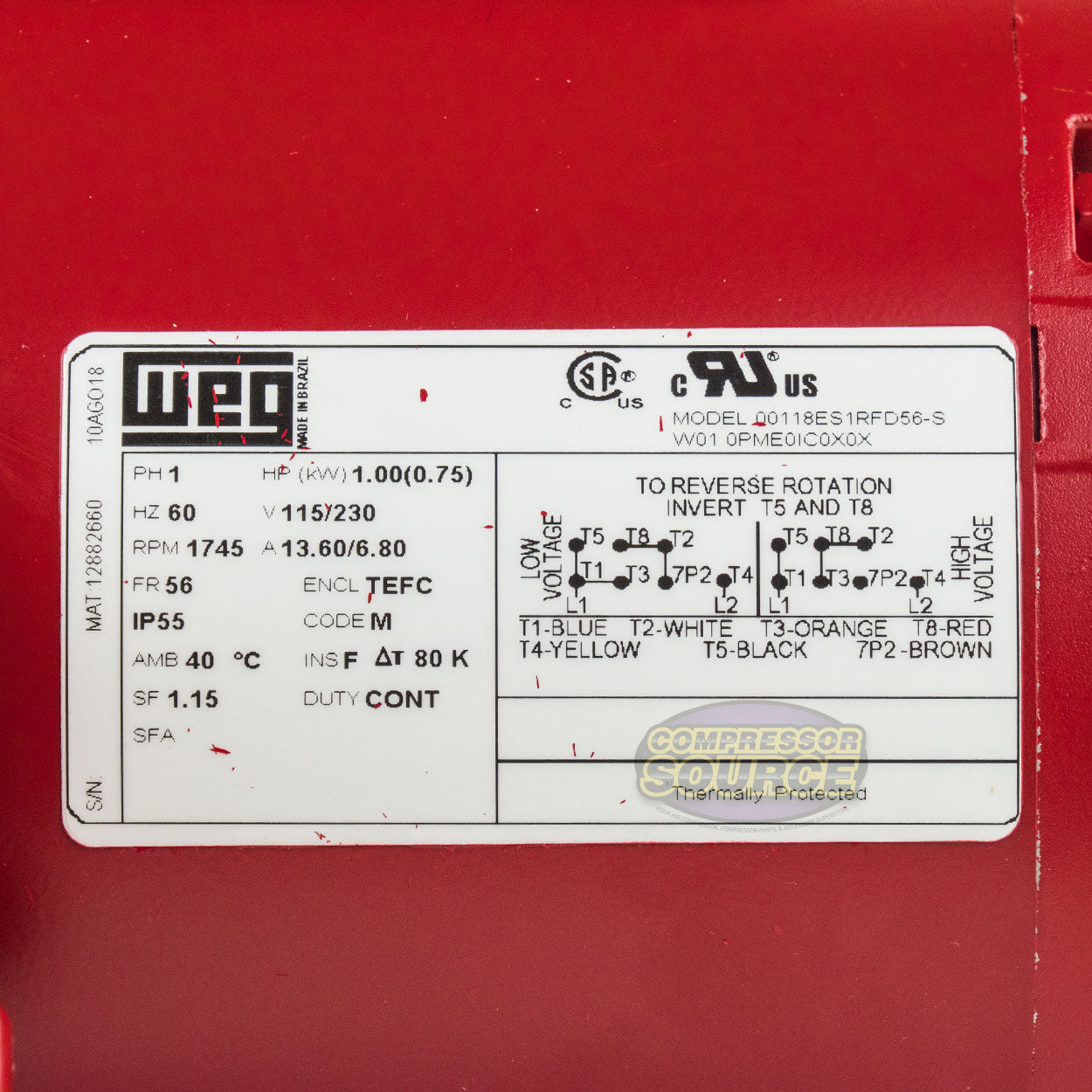 1 HP Single Phase Farm Duty Electric Motor 1745 RPM 56 Frame 115/230V TEFC WEG 00118ES1RFD56-S