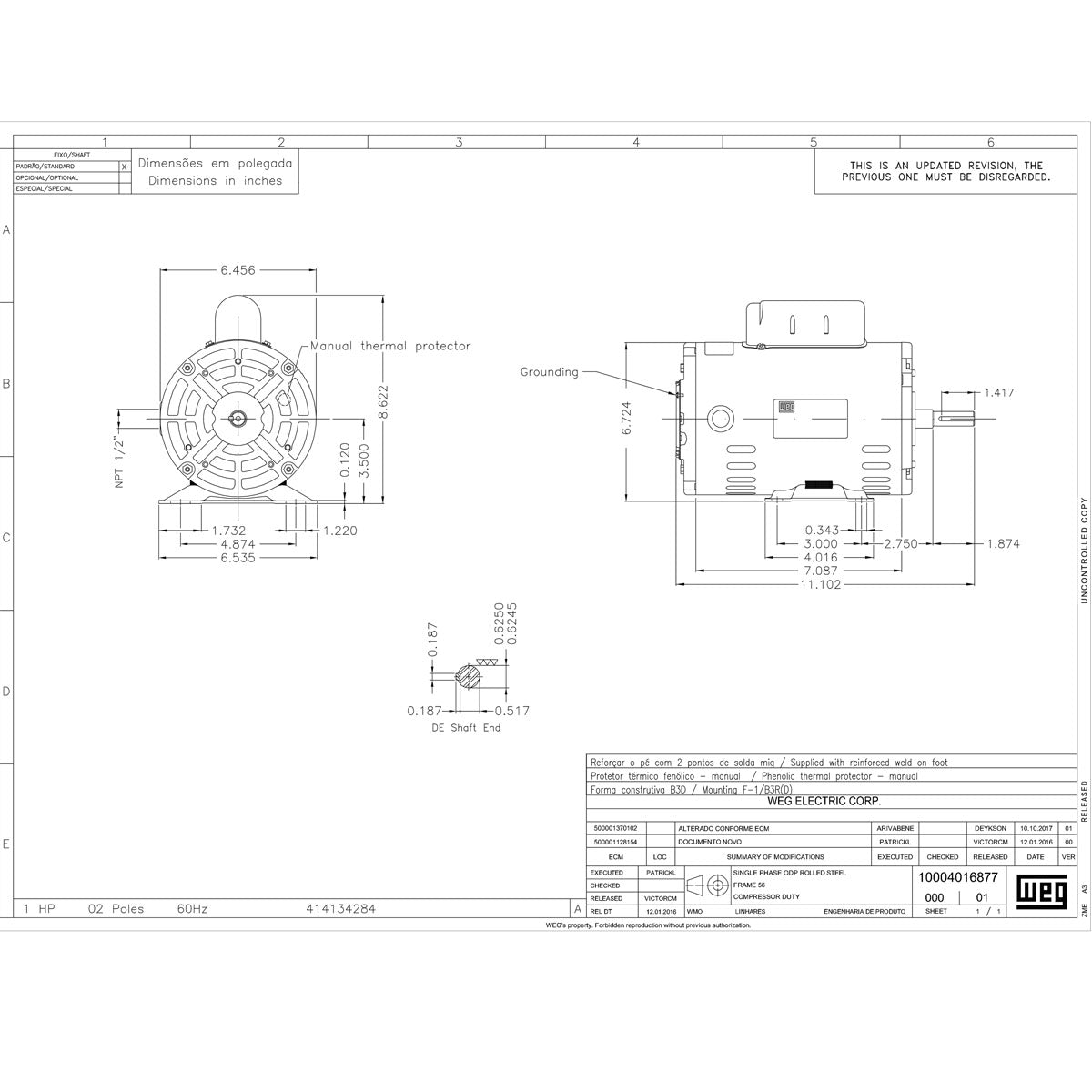 1 HP Single Phase Electric Motor 3485 RPM 56 Frame 115/208-230V ODP WEG 00136OS1BCD56-S
