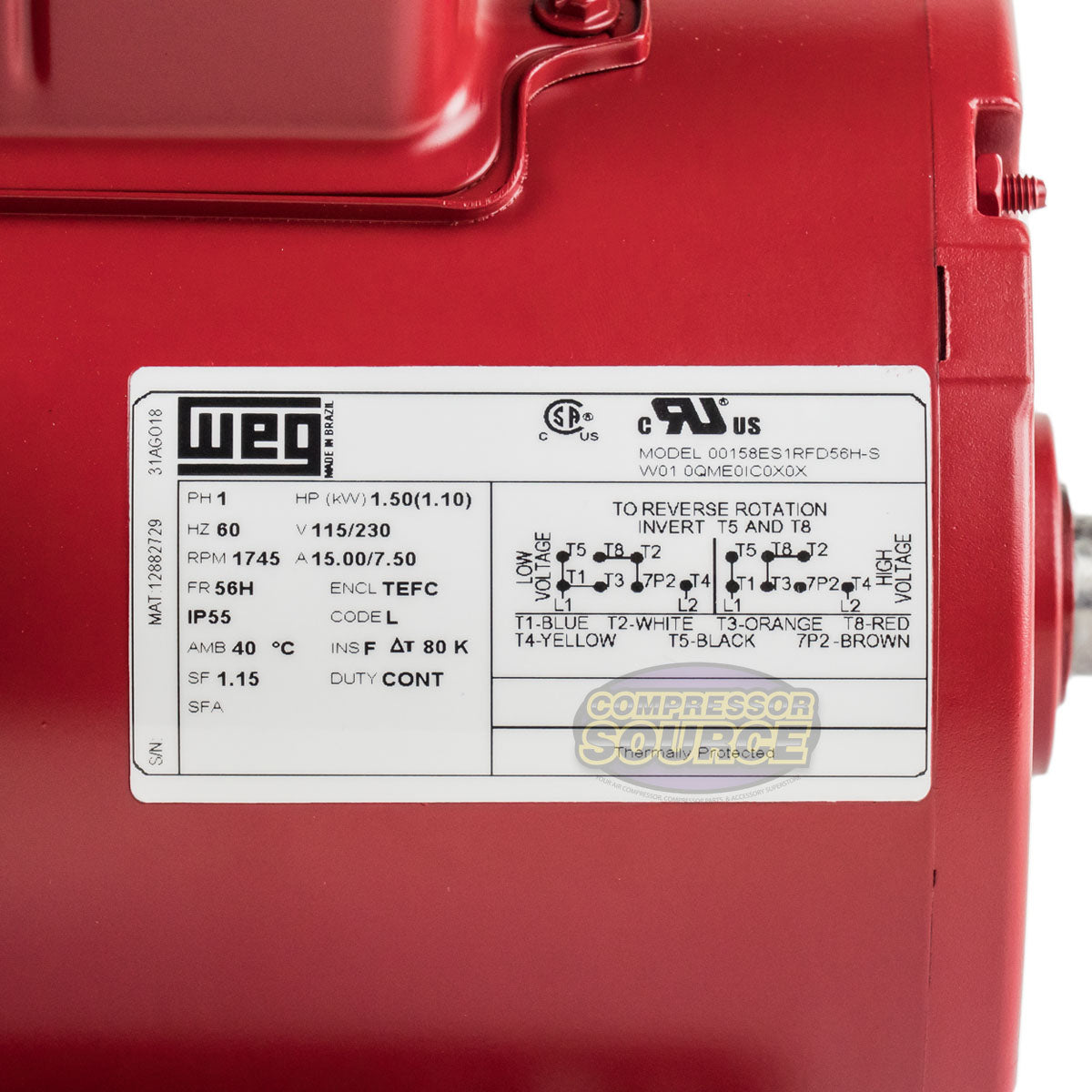 1.5 HP Single Phase Electric Motor 1745 RPM 56H Frame 115-230V TEFC WEG