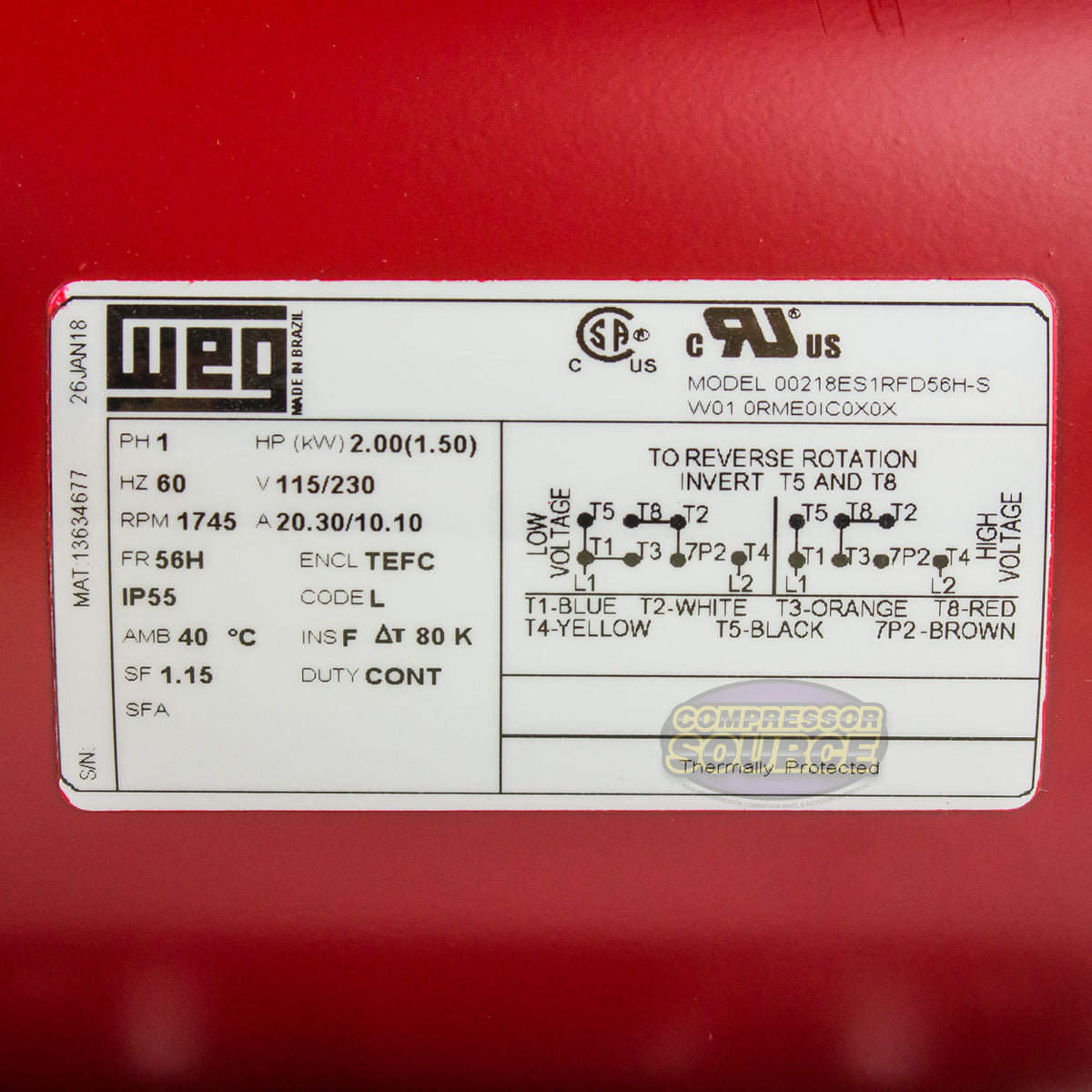 2 HP Single Phase Farm Duty Electric Motor 1745 RPM 56H Frame 115/230V TEFC WEG 00218ES1RFD56H-S