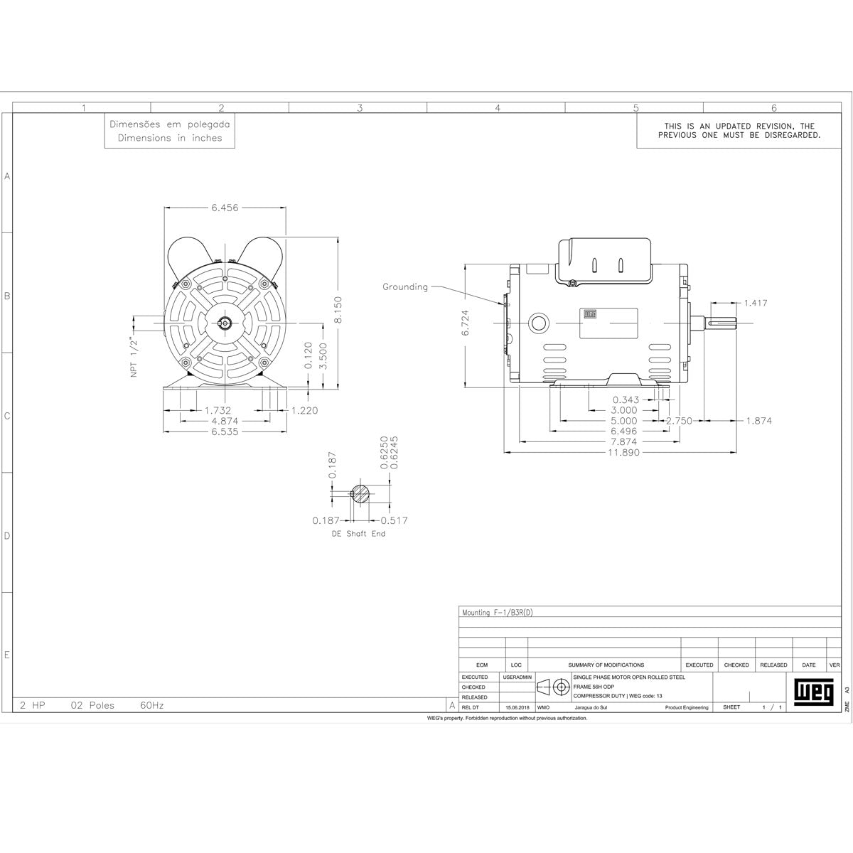 2 HP Single Phase Electric Motor 3450 RPM 56H Frame 115/208-230V ODP WEG 00236OS1BCD56-S