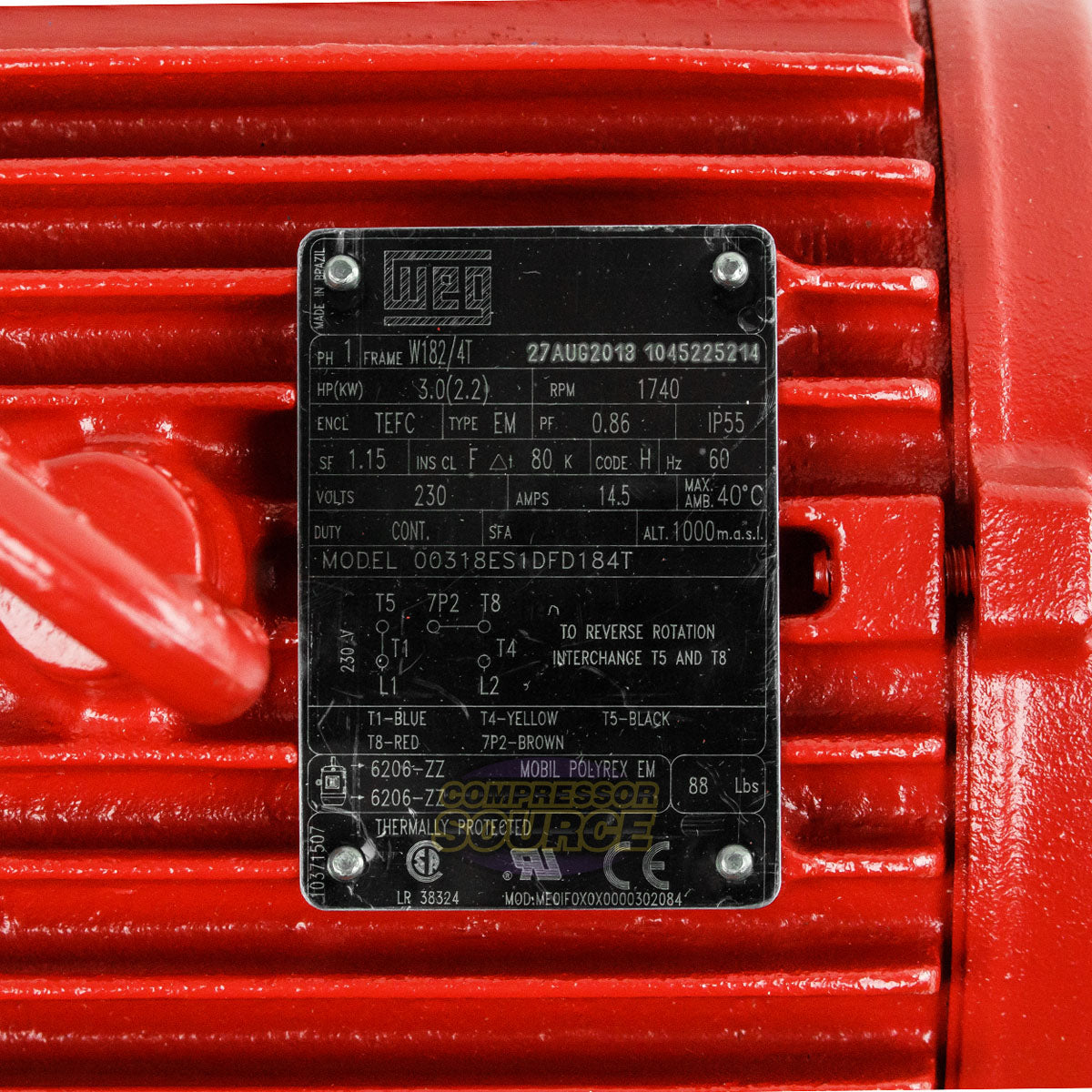 3 HP Single Phase Farm Duty Electric Motor 1740 RPM W182/4T Frame 230V TEFC WEG 00318ES1DFD184T