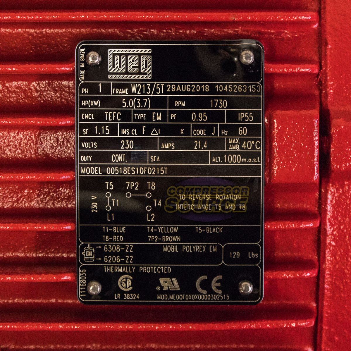 5 HP Single Phase Farm Duty Electric Motor 1730 RPM W213/5T Frame 230V TEFC WEG