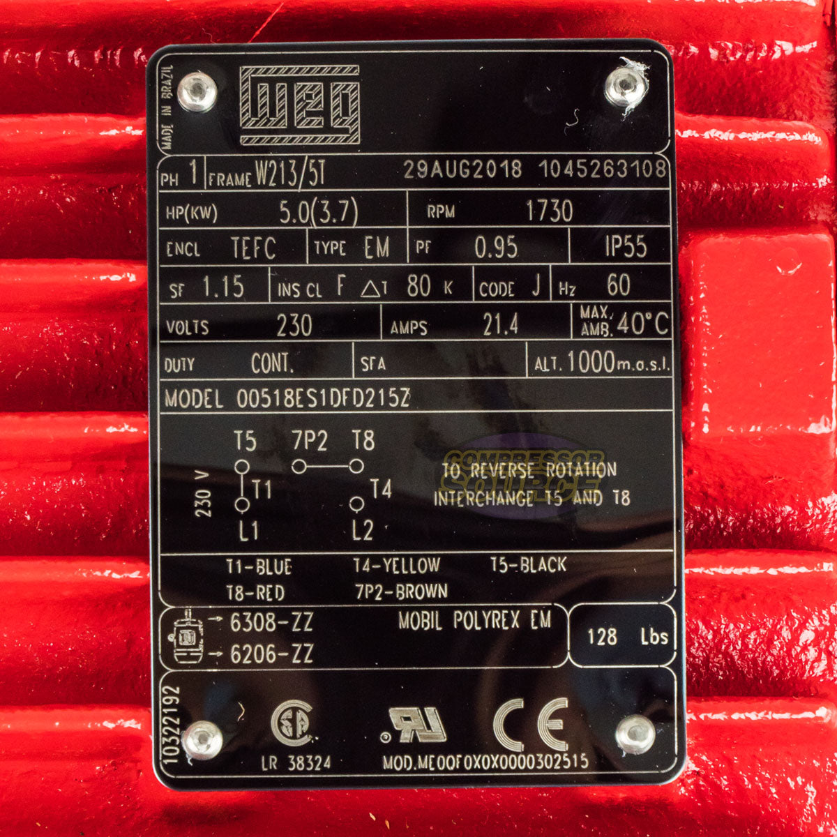 5 HP Single Phase Farm Duty Electric Motor 1730 RPM W213/5T Frame 115/230V TEFC WEG 00518ES1DFD215Z