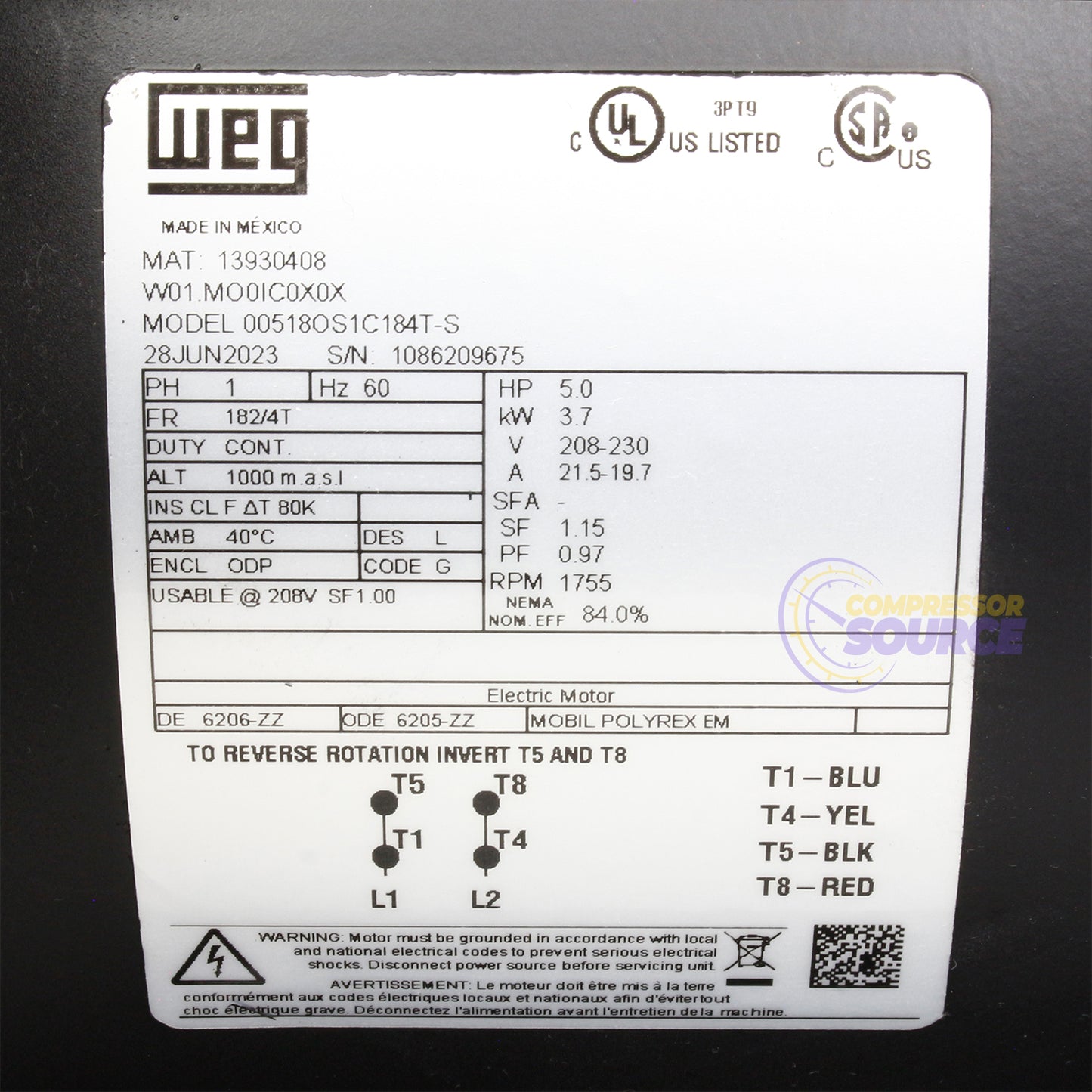 5 HP Single Phase Electric Motor 3450 RPM 182/4T Frame 208-230V ODP WEG 00518OS1C184T-S