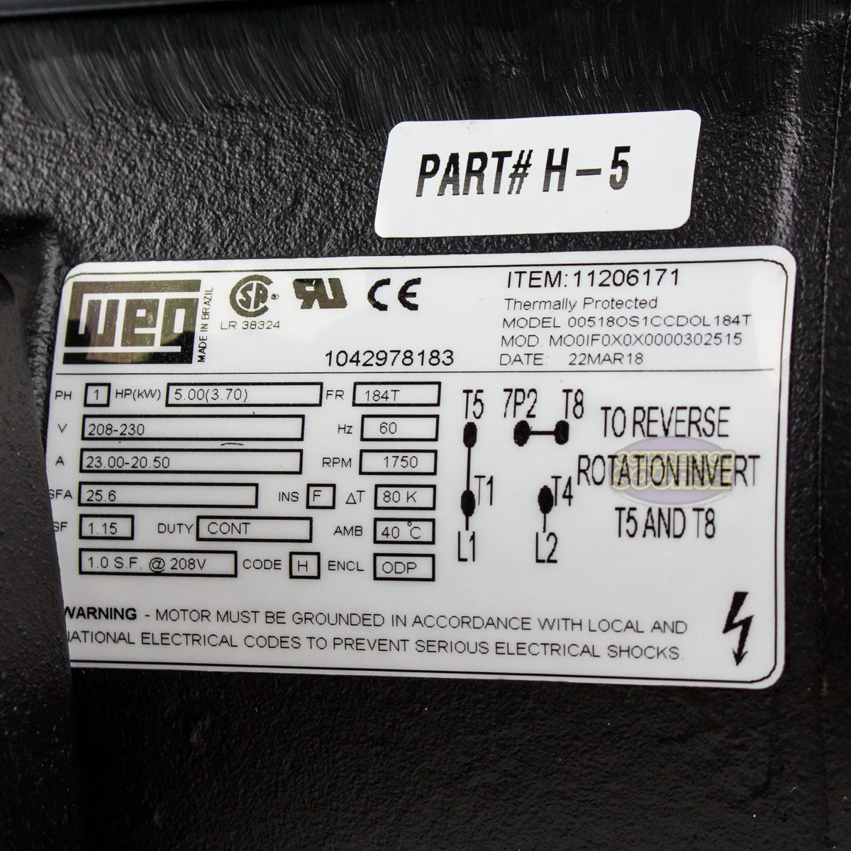 5 HP Single Phase Electric Motor 1750 RPM 184T Frame 208-230V ODP WEG 00518OS1CCDOL184T