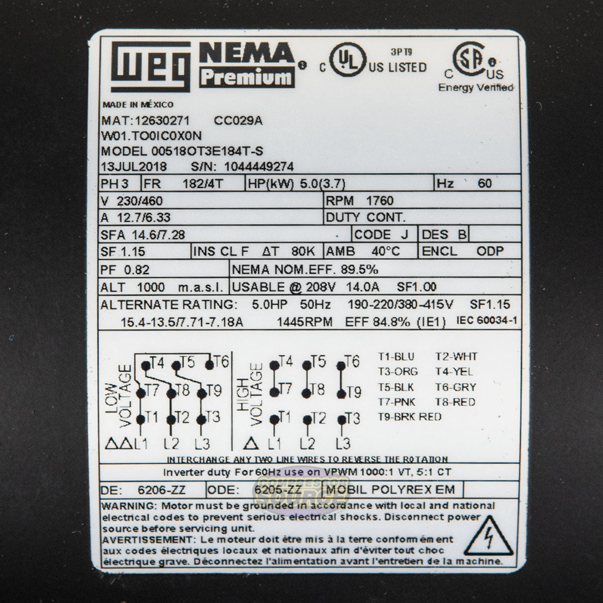 5 HP 3 Phase Electric Motor 1760 RPM 182/4T Frame 230/460V ODP WEG 00518OT3E184T-S