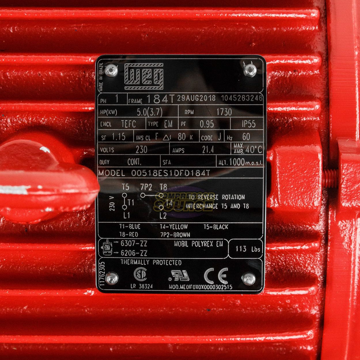 5 HP Single Phase Farm Duty Electric Motor 1730 RPM 184T Frame 230V TEFC WEG