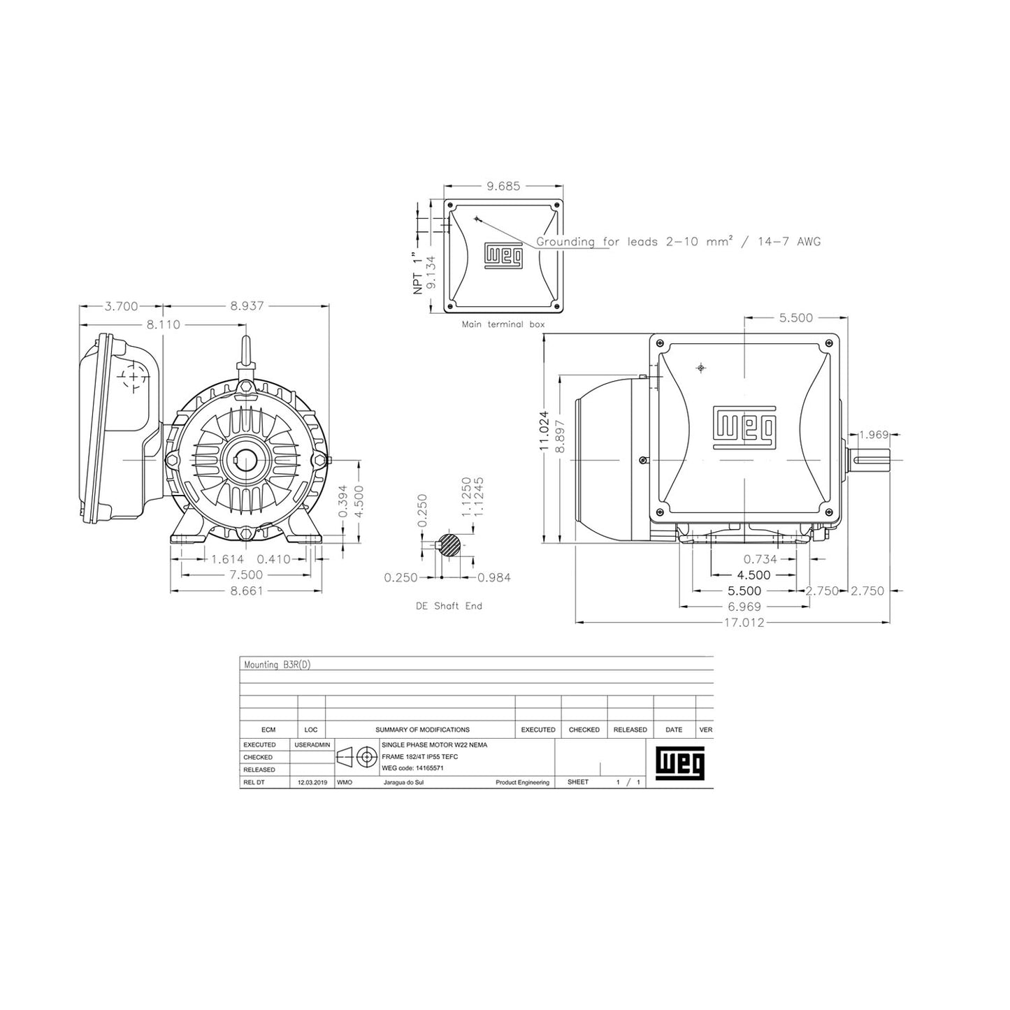 5 HP Single Phase Electric Motor 3515 RPM 184T Frame 115/208-30V TEFC WEG 00536ES1B184T-W22