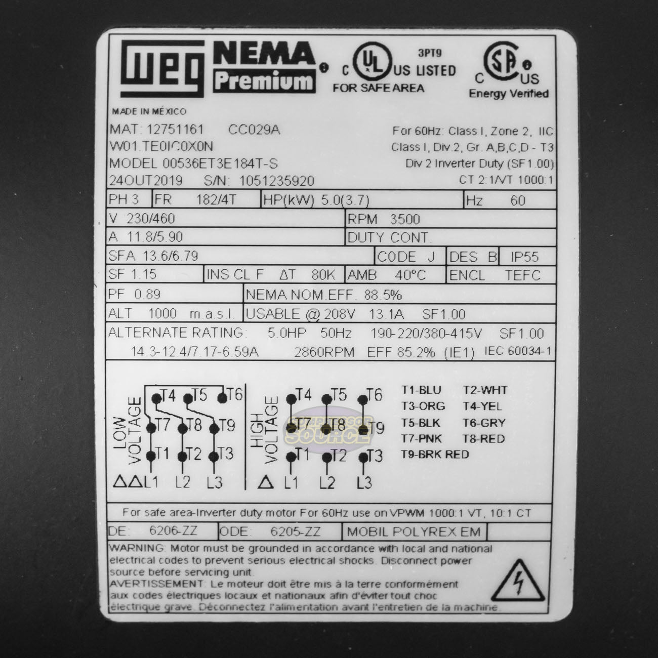 5 HP 3 Phase Electric Motor 3500 RPM 182/4T Frame 230/460V TEFC WEG 00536ET3E184T-S