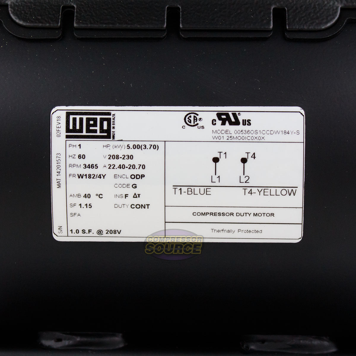 5 HP Single Phase Electric Motor 3465 RPM W182/4Y Frame 208-230V ODP WEG 00536OS1CCDW184Y-S
