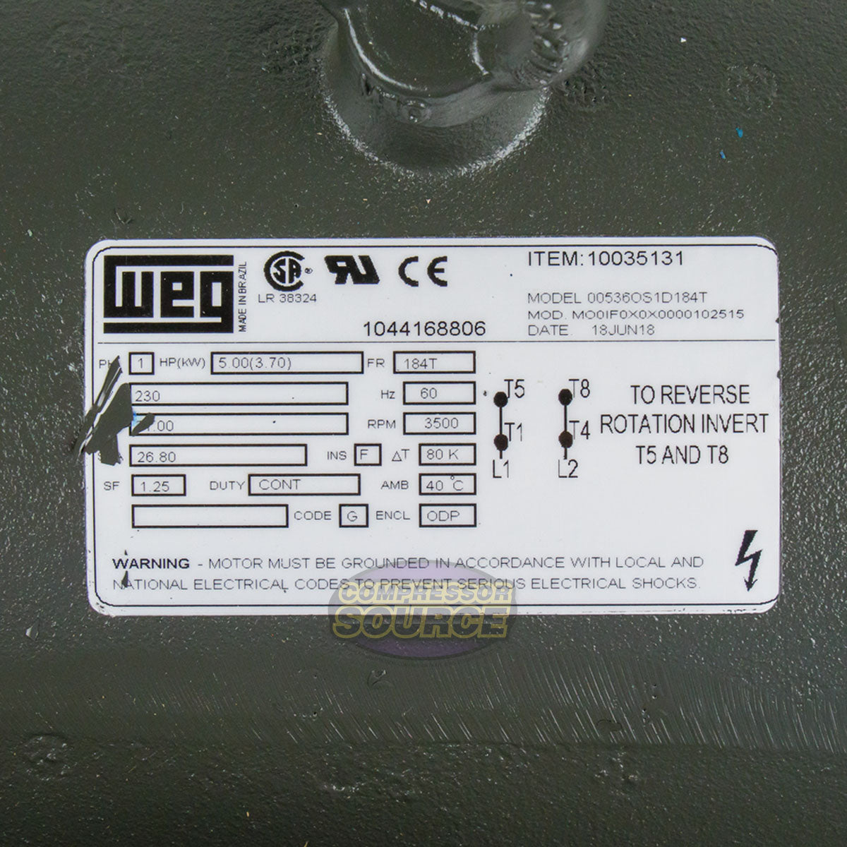 5 HP Single Phase Electric Motor 3500 RPM 184T Frame 230V ODP WEG 00536OS1D184T