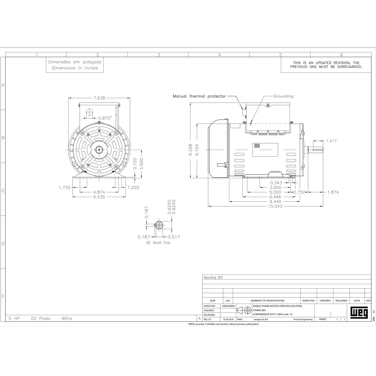 5 HP Single Phase Electric Motor 3440 RPM 56H Frame 230V ODP WEG 00536OS1DCD56H-S