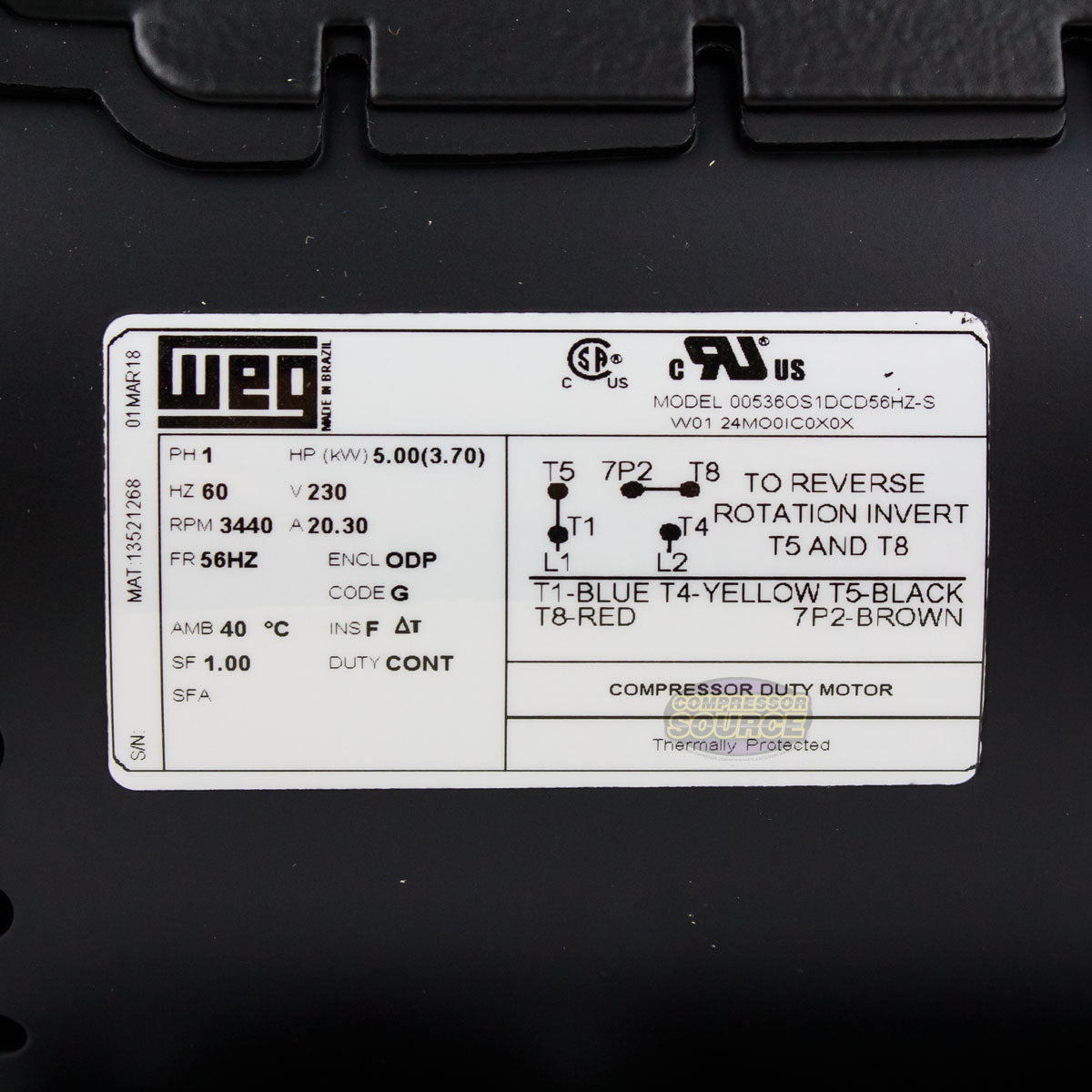 5 HP Single Phase Electric Motor 3440 RPM 56HZ Frame 230V ODP WEG 00536OS1DCD56HZ-S