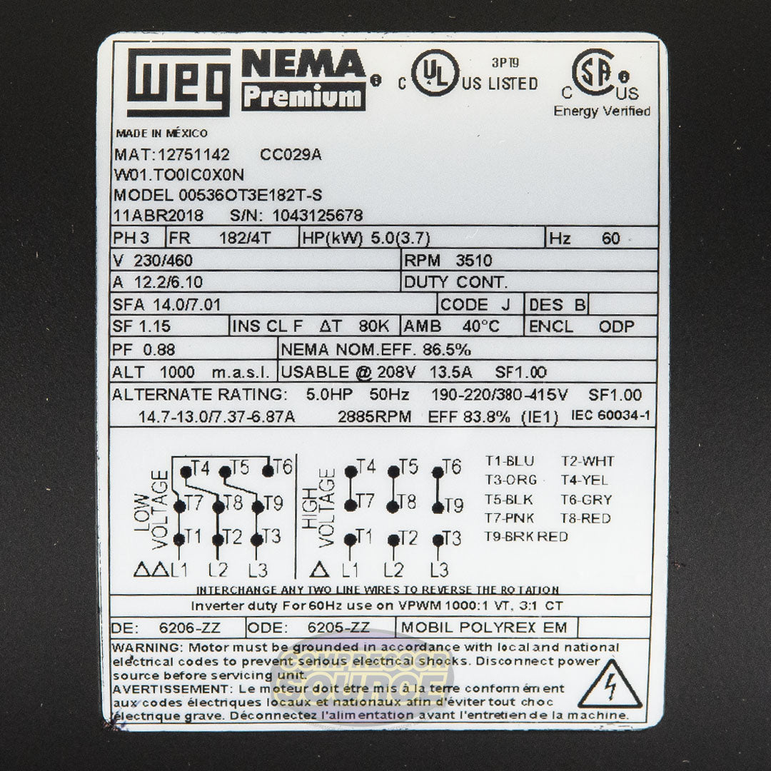 5 HP 3 Phase Electric Motor 3510 RPM 182/4T Frame 230/460V ODP WEG