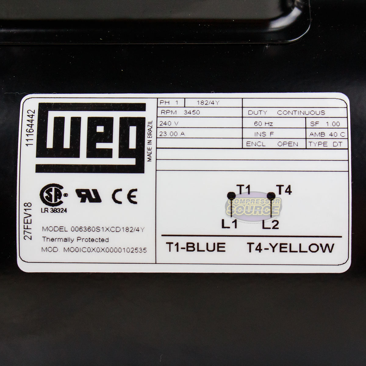 WEG 6.4 HP 1 Phase Electric Motor 3450 RPM 182/4Y Or 56 Frame 240V ODP 00636OS1XCD182/4Y