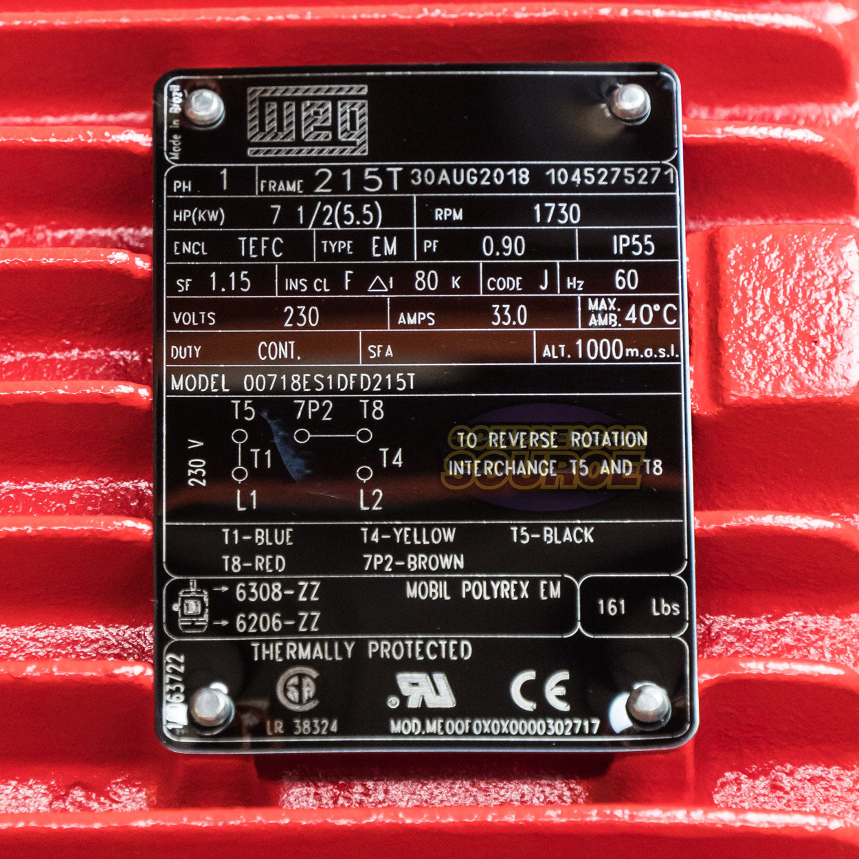 7.5 HP Single Phase Farm Duty Electric Motor 1730 RPM 215T Frame 230V TEFC WEG 00718ES1DFD215T