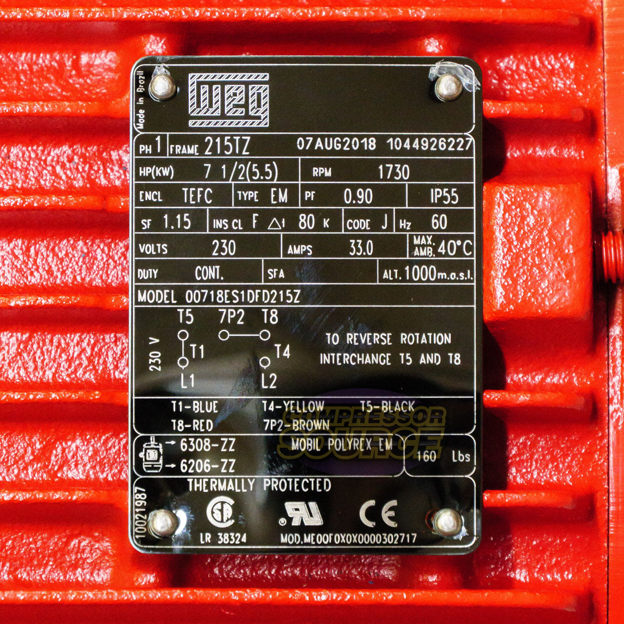 7.5 HP Single Phase Farm Duty Electric Motor 1730 RPM 215TZ Frame 230V TEFC WEG