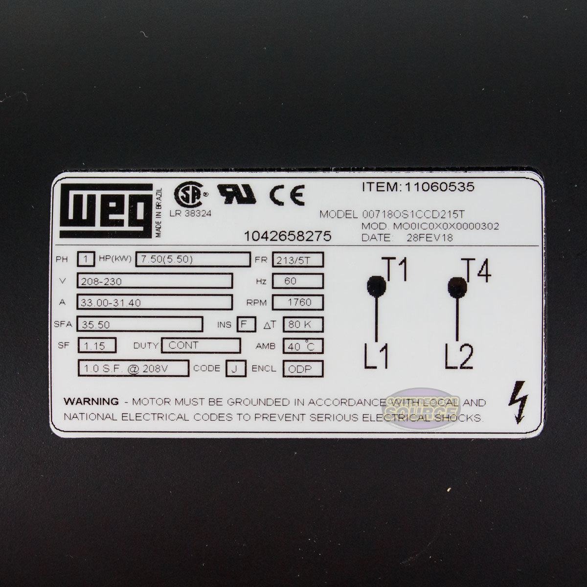 7.5 HP Single Phase Electric Motor 1760 RPM 213/5T Frame 208-230V ODP WEG 00718OS1CCD215T