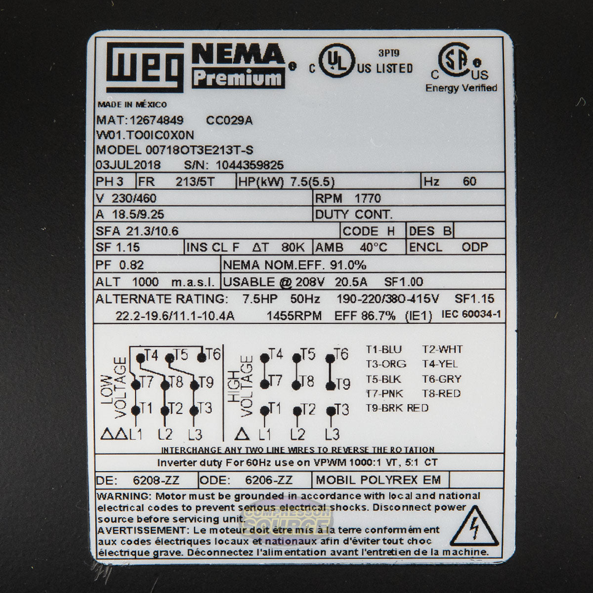 7.5 HP 3 Phase Electric Motor 1770 RPM 213/5T Frame 230/460V ODP WEG 00718OT3E213T-S