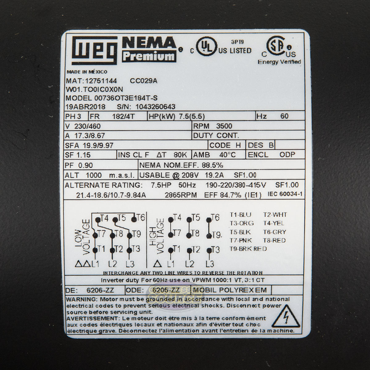 7.5 HP 3 Phase Electric Motor 3500 RPM 184/5T Frame 230/460V ODP WEG 01018OT3E215T-S