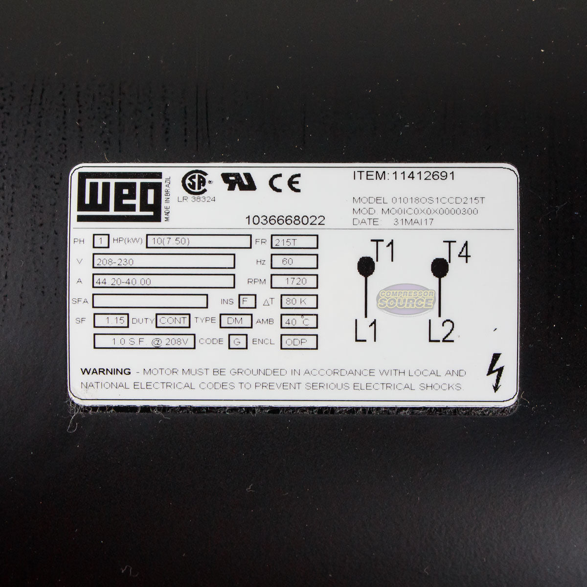 10 HP Single Phase Electric Motor 1720 RPM 215T Frame 208-230V ODP WEG