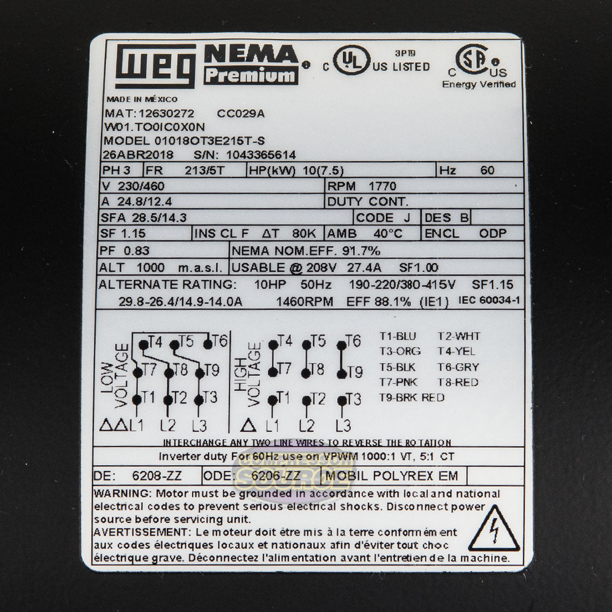 10 HP 3 Phase Electric Motor 1770 RPM 213/5T Frame 230/460V ODP WEG 01018OT3E215T-S