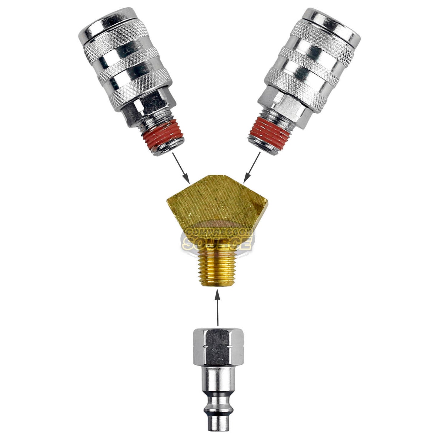 1/4" Air Hose Y Splitter Two 1/4" MNPT Couplers and One 1/4" Industrial Plug