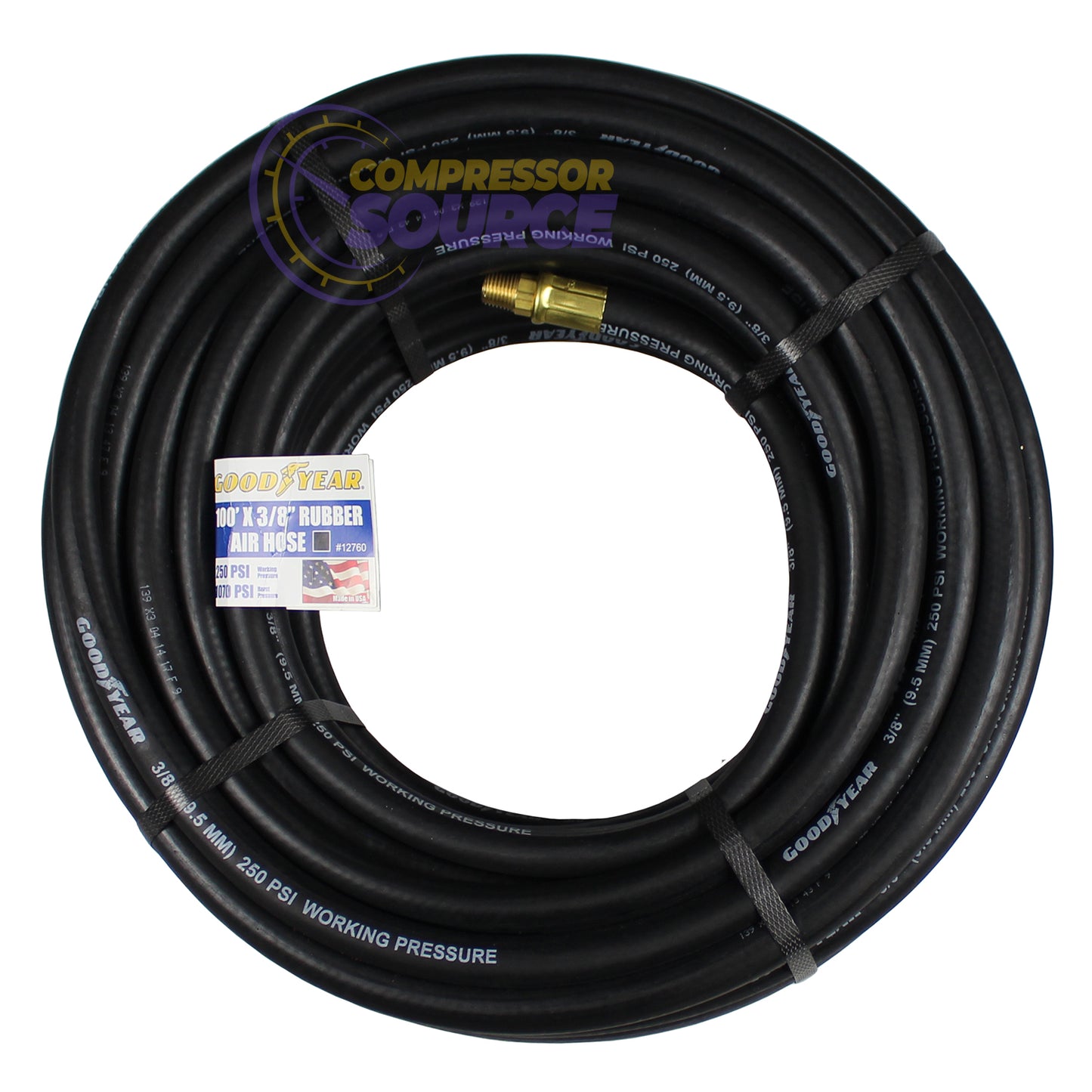 Goodyear 100' x 3/8" Rubber Air Hose 1/4" NPT 250 PSI USA Made 12760