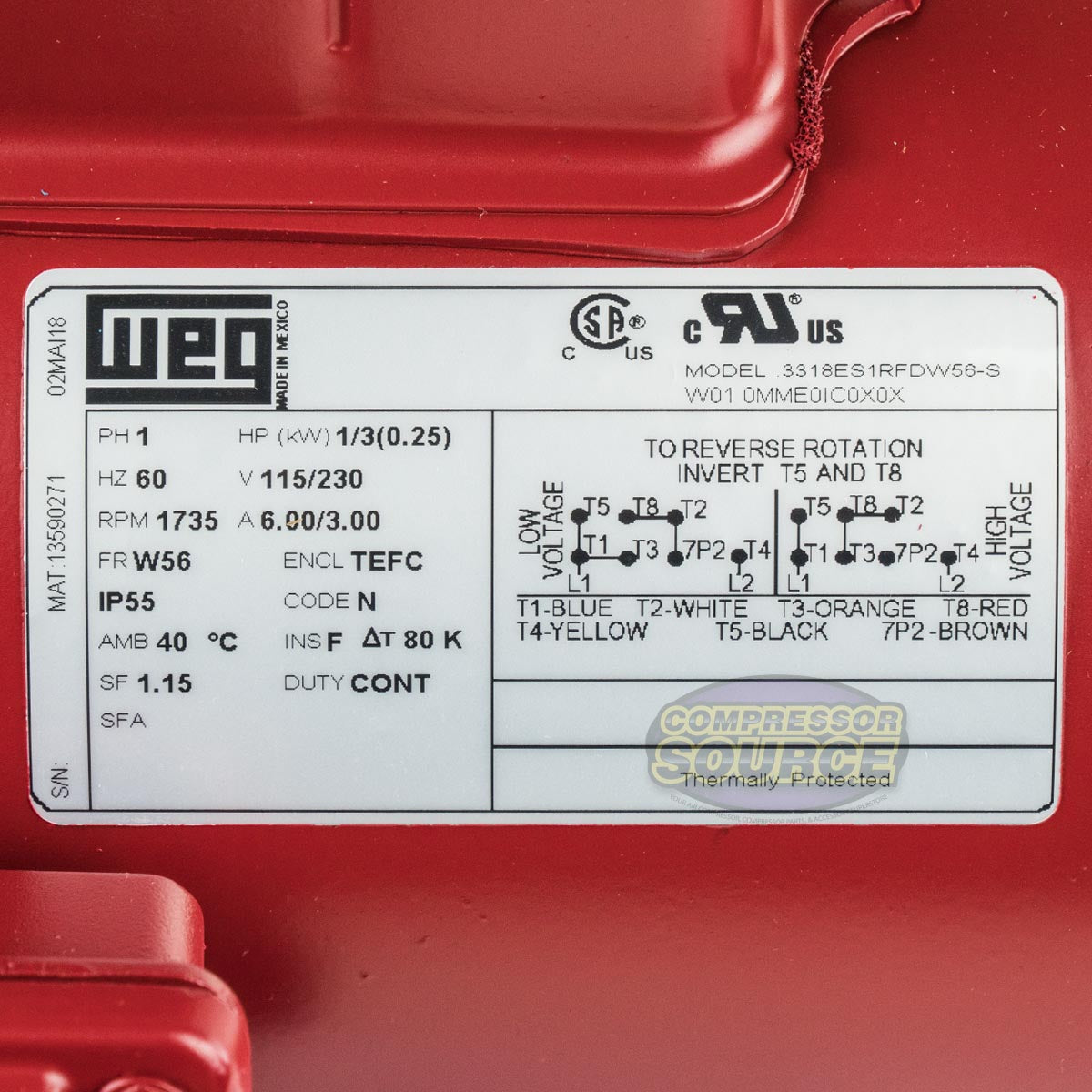 1/3 HP Single Phase Farm Duty Electric Motor 1735 RPM W56 Frame 115/230V TEFC WEG .3318ES1RFDW56-S