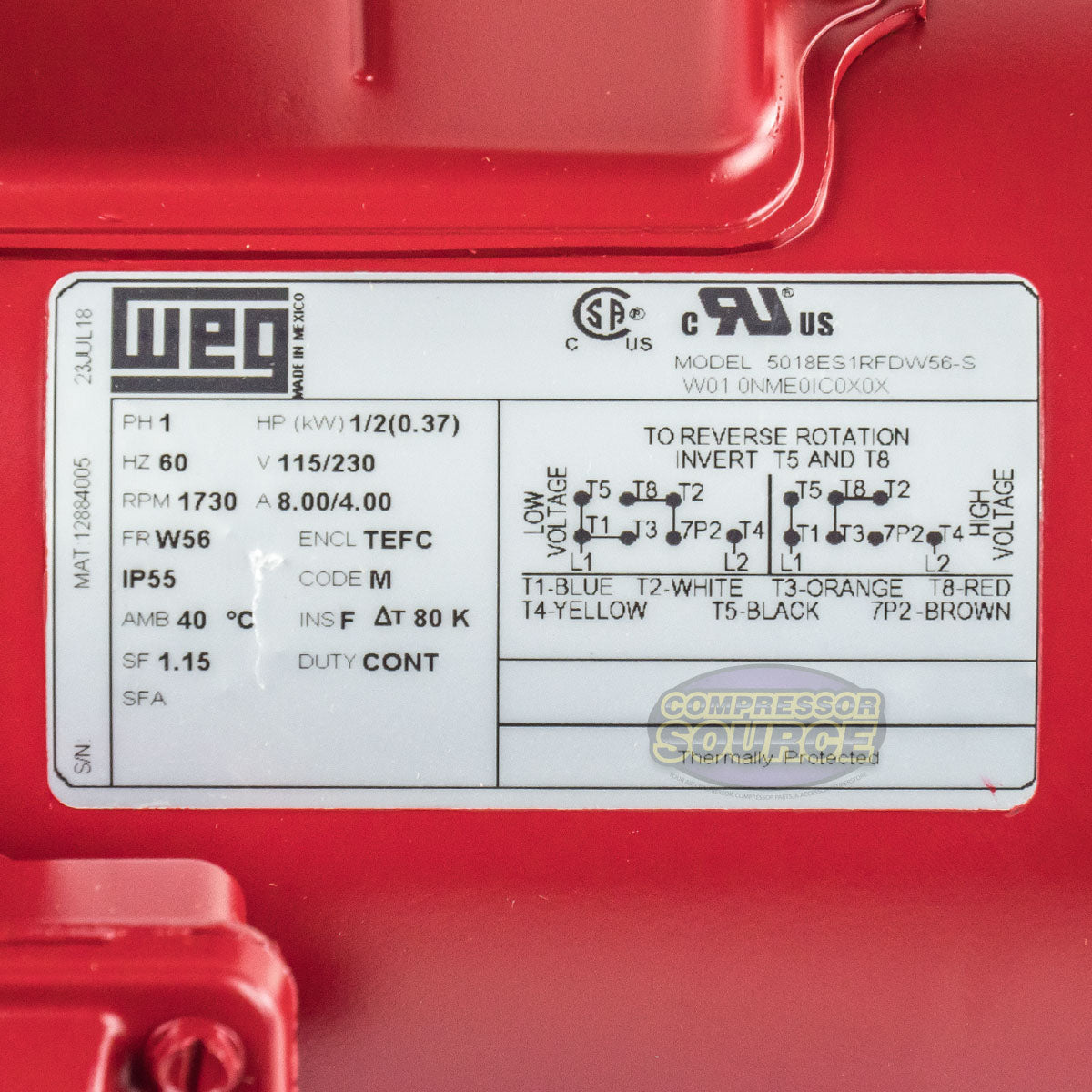 1/2 HP Single Phase Farm Duty Electric Motor 1730 RPM W56 Frame 115-230V TEFC WEG .5018ES1RFDW56-S