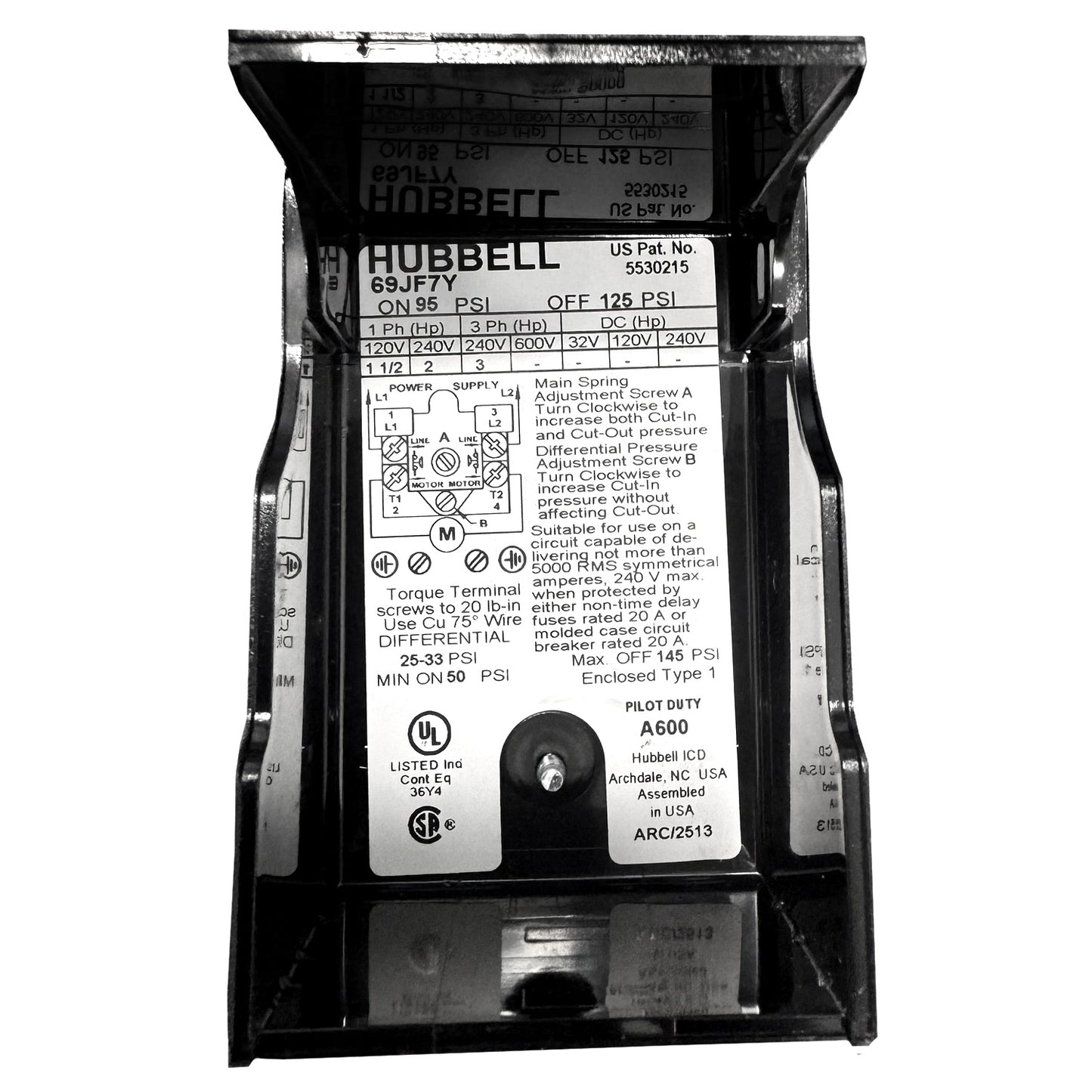 1 Port Pressure Switch 95 - 125 PSI 16 Amp Hubbell Furnas 69JF7Y