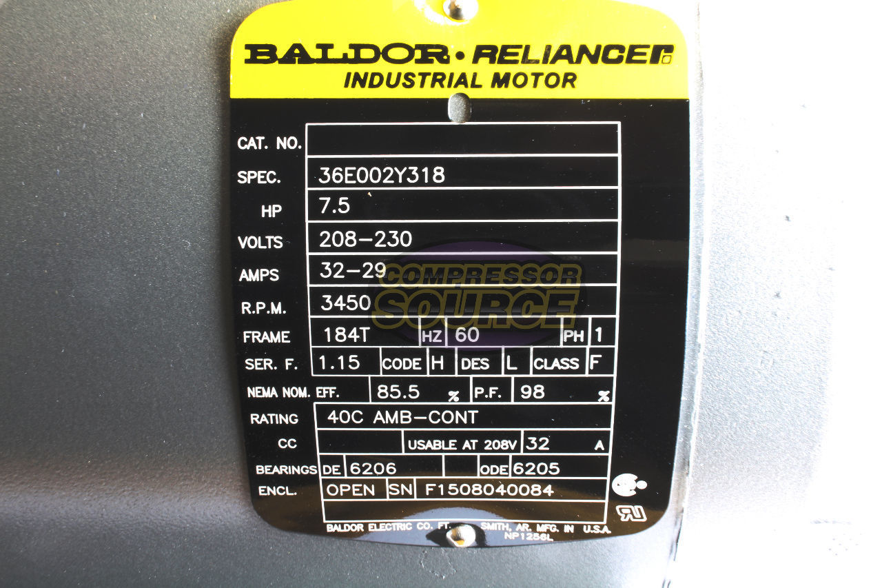 Baldor 7.5 HP Single Phase Electric Motor 3450 RPM 184T Frame 208-230V ODP