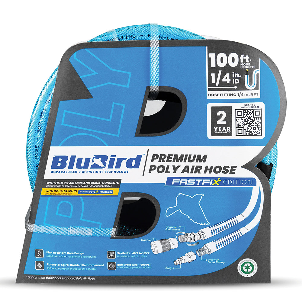 BluBird Poly Air Hose Assembly 1/4" X 100' w/ Fast FiX Field Repairable Fitting BBPU14100