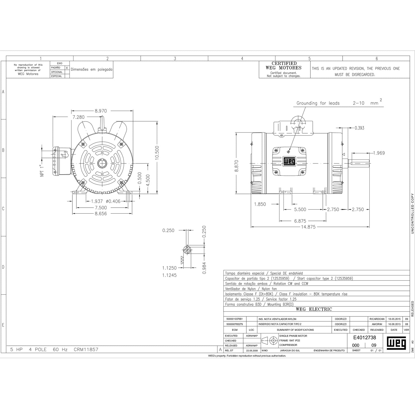 5 HP Single Phase Electric Motor 1750 RPM 184T Frame 208-230V ODP WEG 00518OS1CCD184T