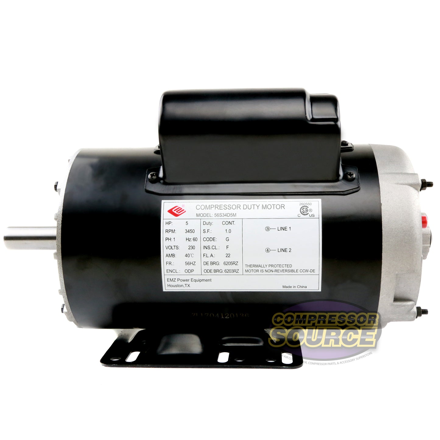 5 HP Single Phase Electric Motor 3450 RPM 56HZ Frame 230V ODP EMZ 56S34D5M