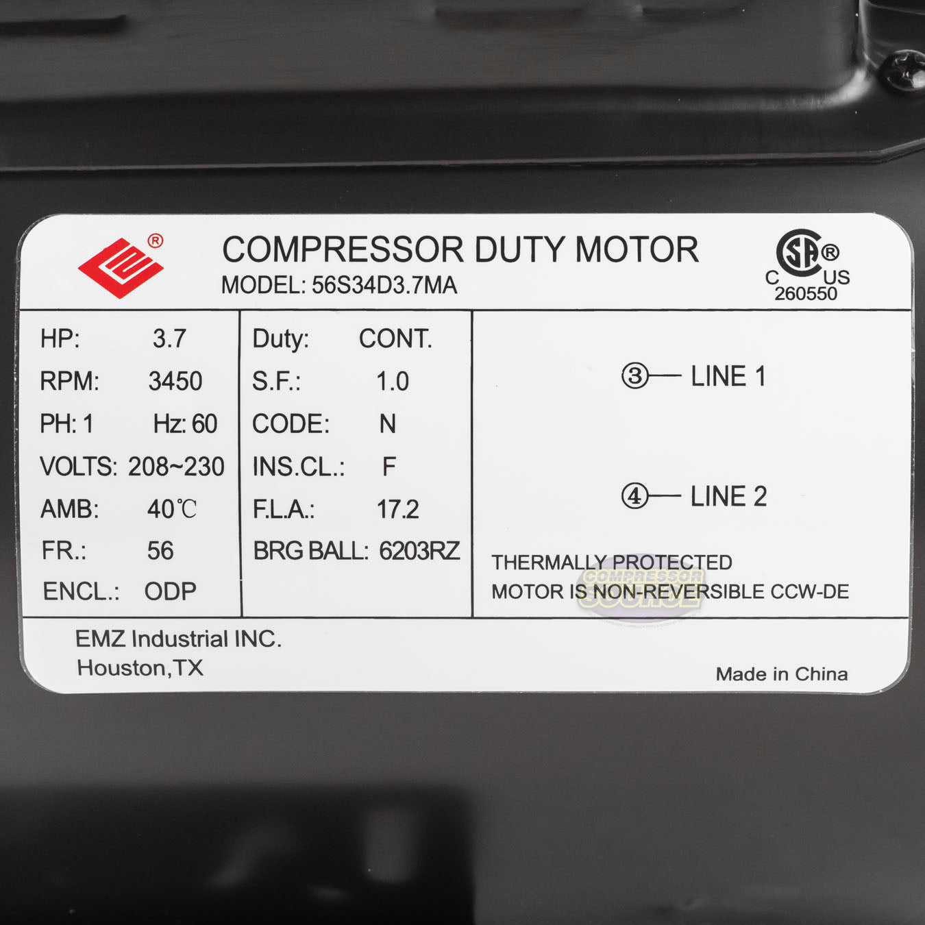 3.7 HP Single Phase Electric Motor 56 Frame 3450 RPM 230V ODP EMZ 56S34D3.7MA