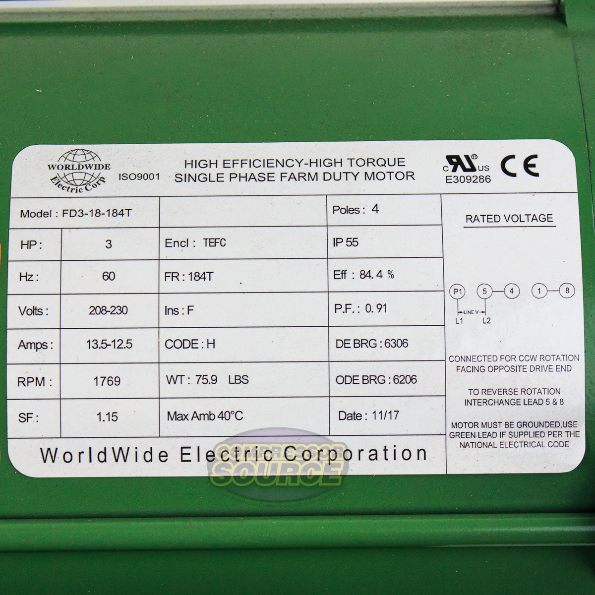3 HP 1 Phase Farm Duty Electric Motor 1769 RPM 184T Frame 208-230V TEFC
FD3-18-184T