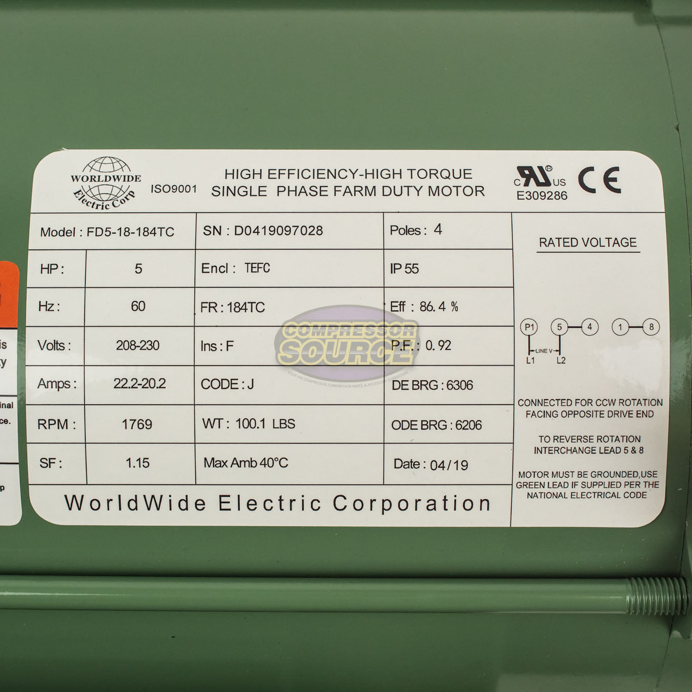 5 HP Single Phase Farm Duty Electric Motor 1769 RPM 184TC Frame 208-230V TEFC C-Face FD5-18-184TC