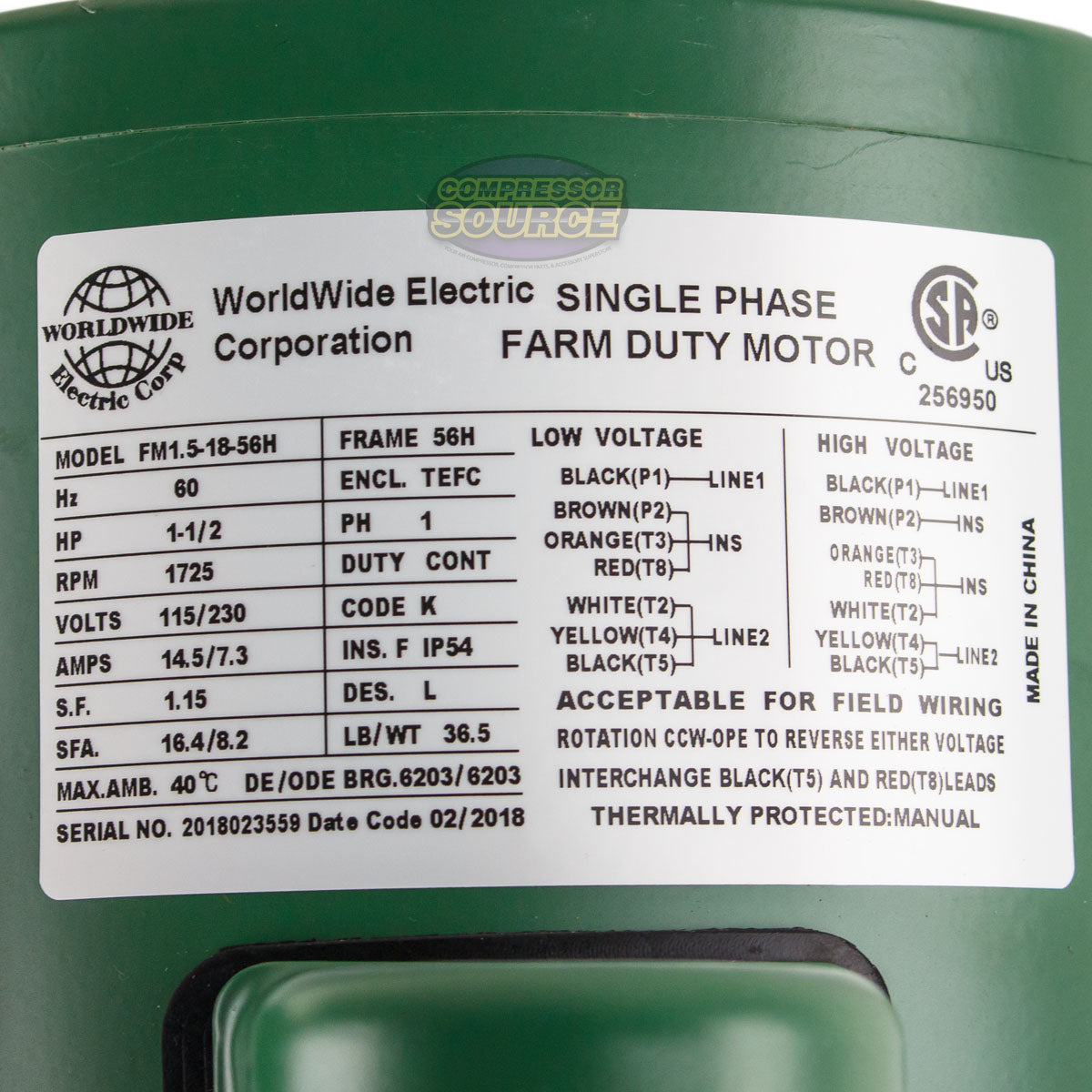 1.5 HP Single Phase Farm Duty Electric Motor 1725 RPM 56H Frame 115/230V TEFC FM1.5-18-56H