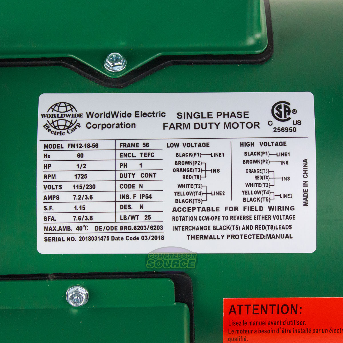 1/2 HP Single Phase Farm Duty Electric Motor 1725 RPM 56 Frame 115/230V TEFC