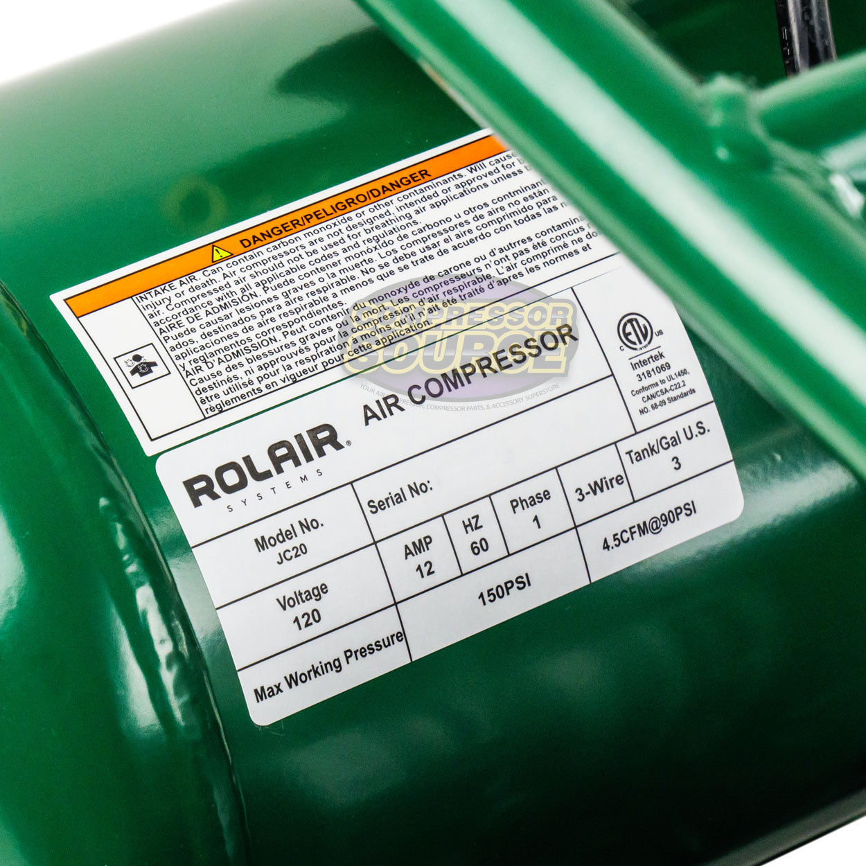 Rolair 2 HP Single Stage 3 Gal Portable Air Compressor 4.5 CFM @ 90 PSI 70dB 115V JC20