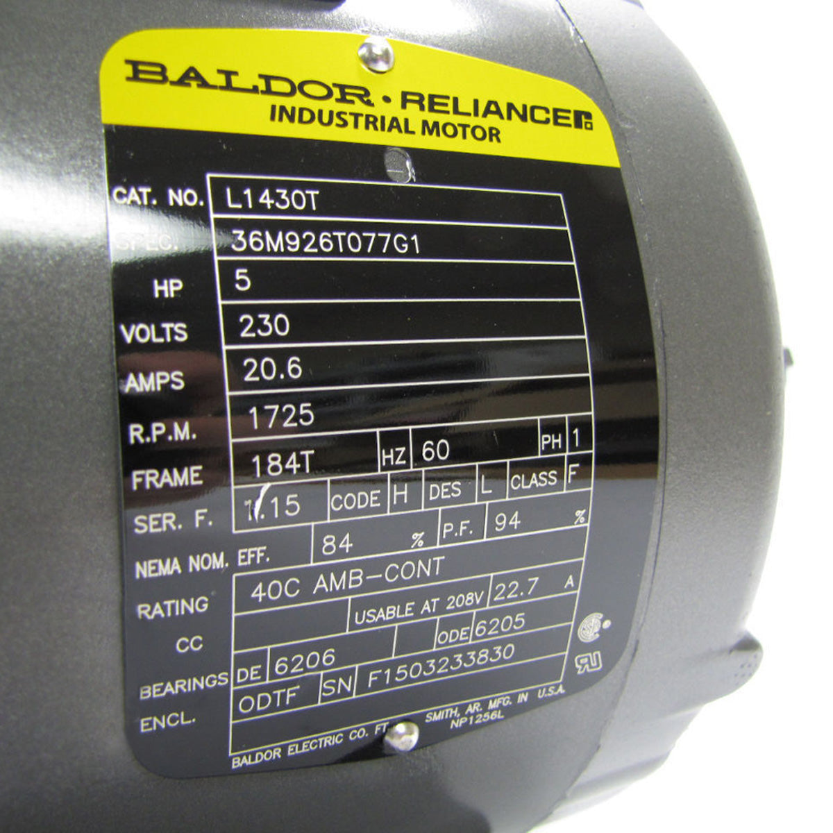 Baldor L1430T 5 HP 1 Phase Electric Motor 1725 RPM 184T Frame 230V ODTF
