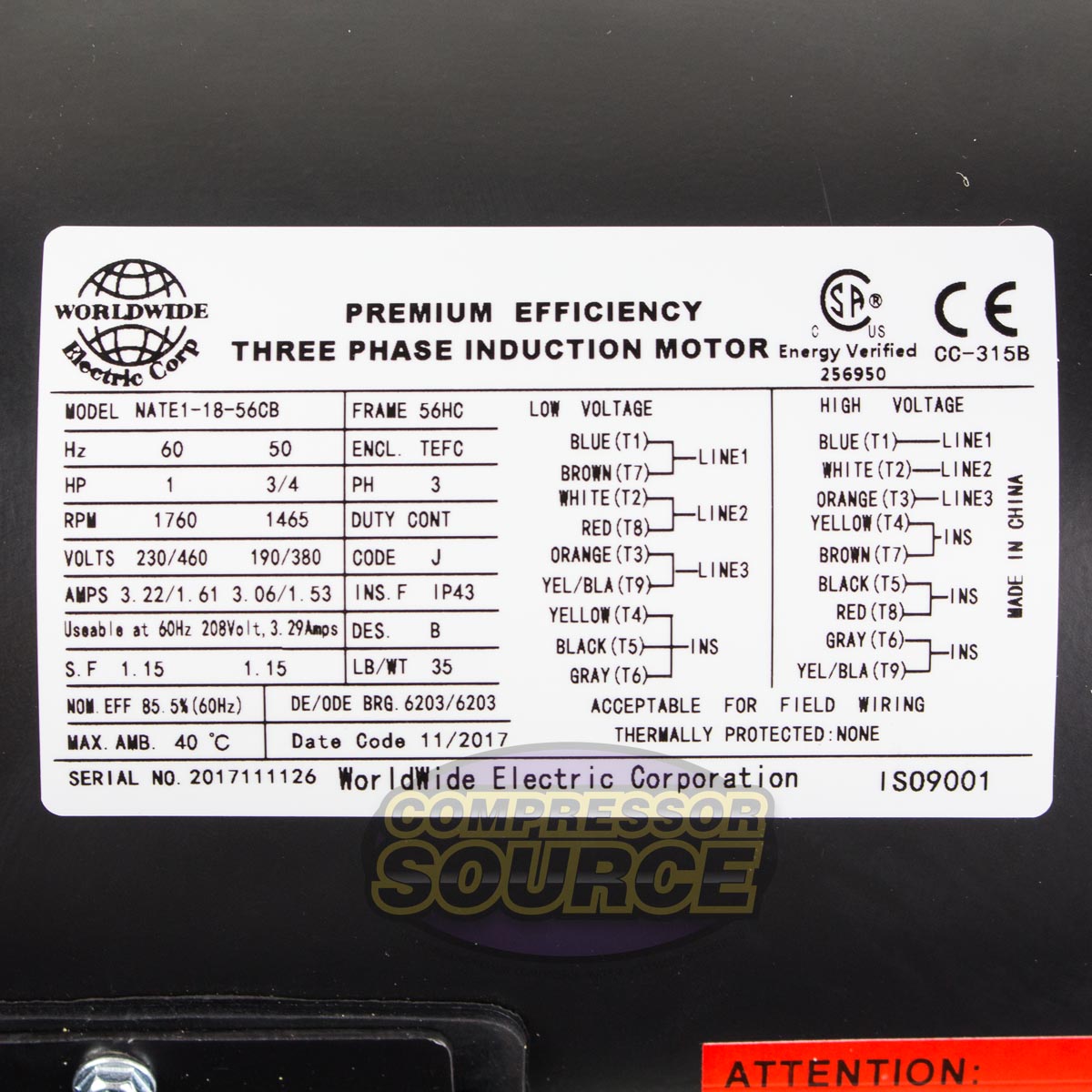1 HP 3 Phase Electric Motor 1760 RPM 56HC Frame 230/460V TEFC C-Face
