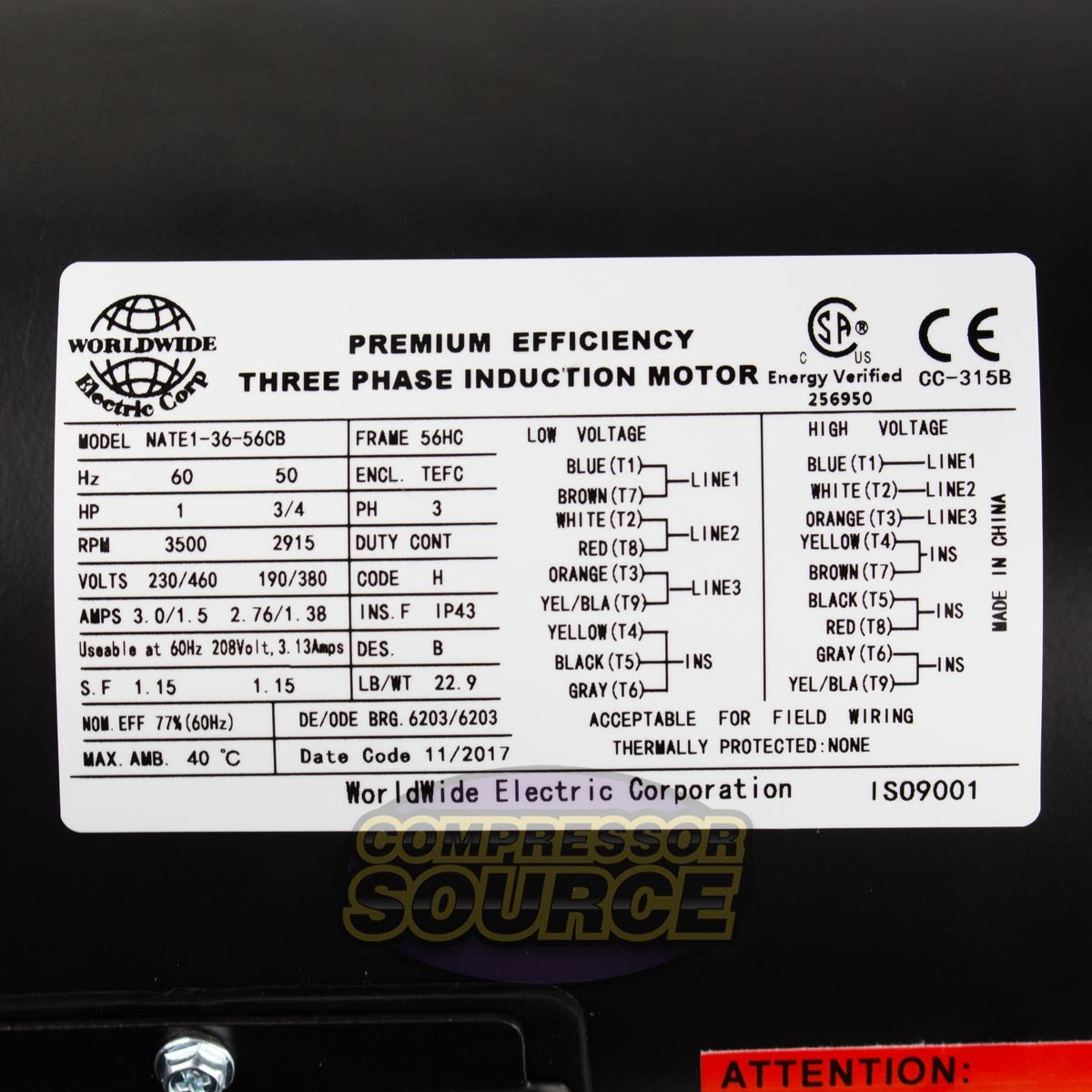 1 HP 3 Phase Electric Motor 3500 RPM 56HC Frame 230/460V TEFC C-Face