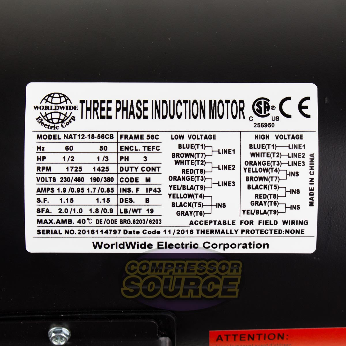 1/2 HP 3 Phase Electric Motor 1725 RPM 56C Frame 230/460V TEFC NAT12-18-56CB C-Face