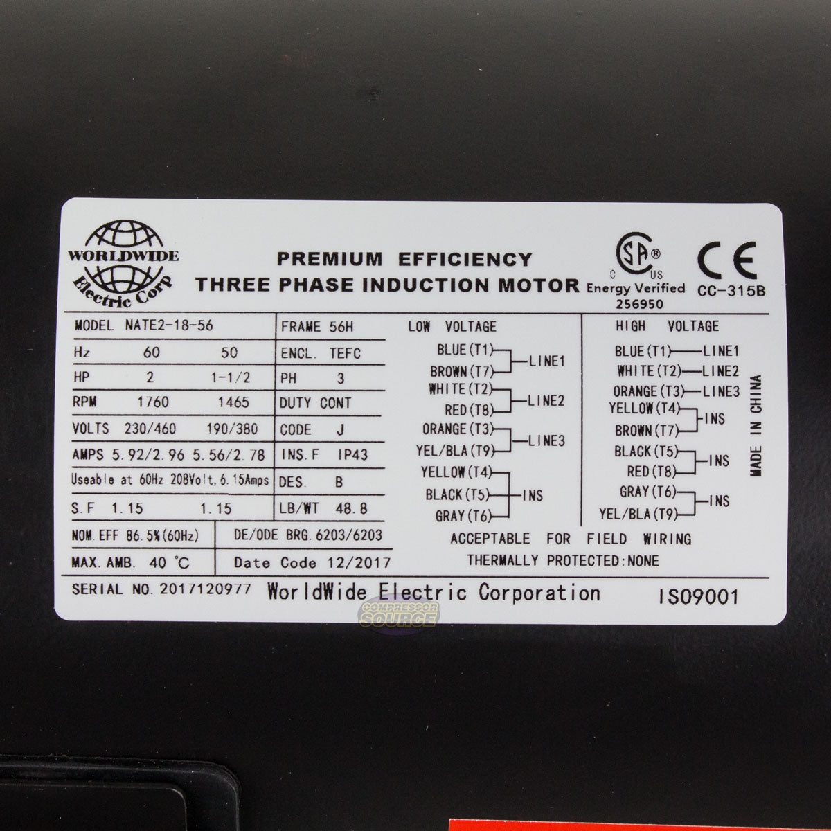 2 HP 3 Phase Electric Motor 1760 RPM 56H Frame 230/460V TEFC