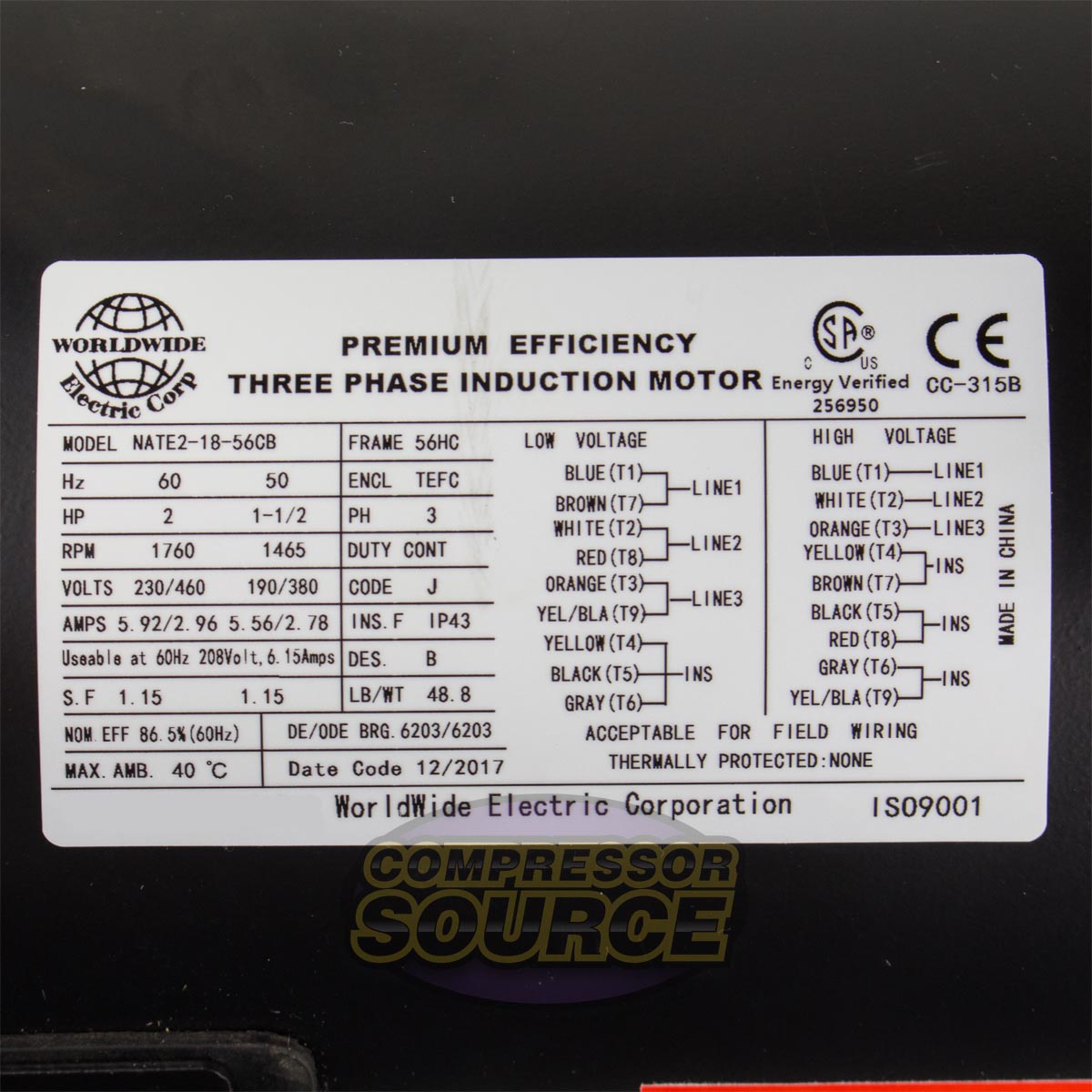 2 HP 3 Phase Electric Motor 1760 RPM 56HC Frame 230/460V TEFC C-Face NATE2-18-56CB