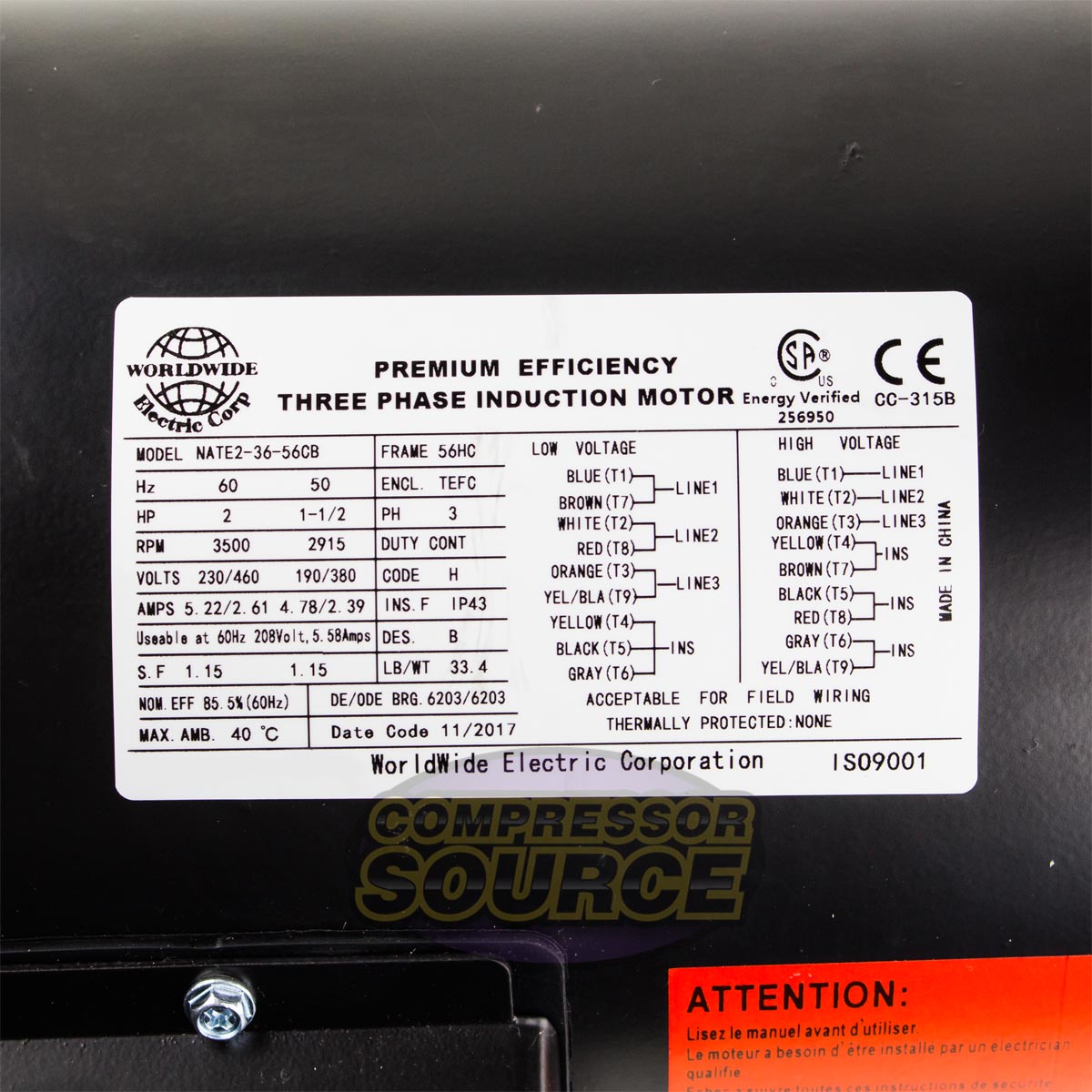 2 HP 3 Phase Electric Motor 3500 RPM 56HC Frame 230/460V TEFC C-Face