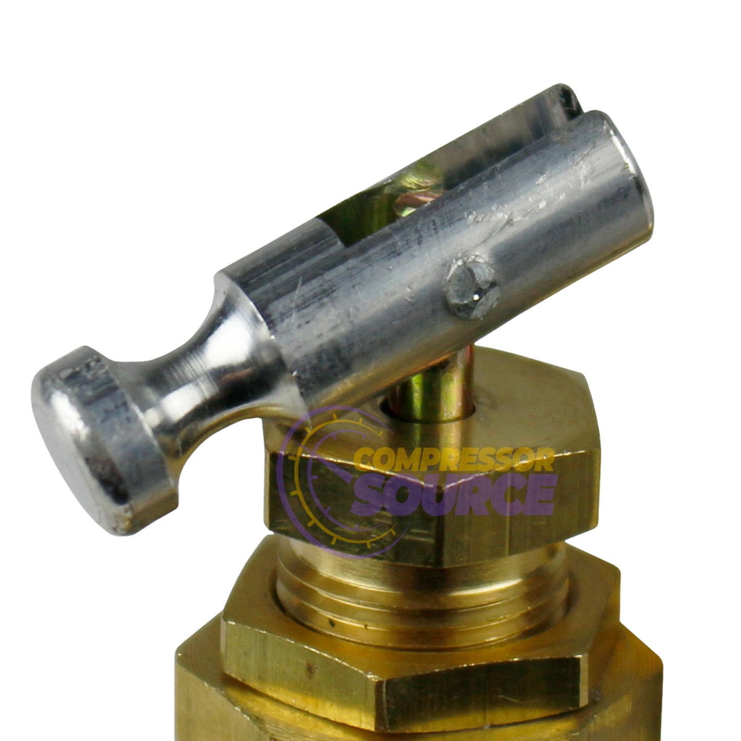 Metal valve with brass base on a white background, branded 'Compressor Source'.